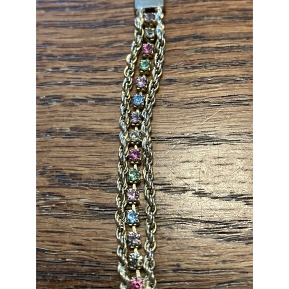 Vintage Double Chain Tennis Bracelet Multicolor Rhinestones Gold Tone - Picture 2 of 4